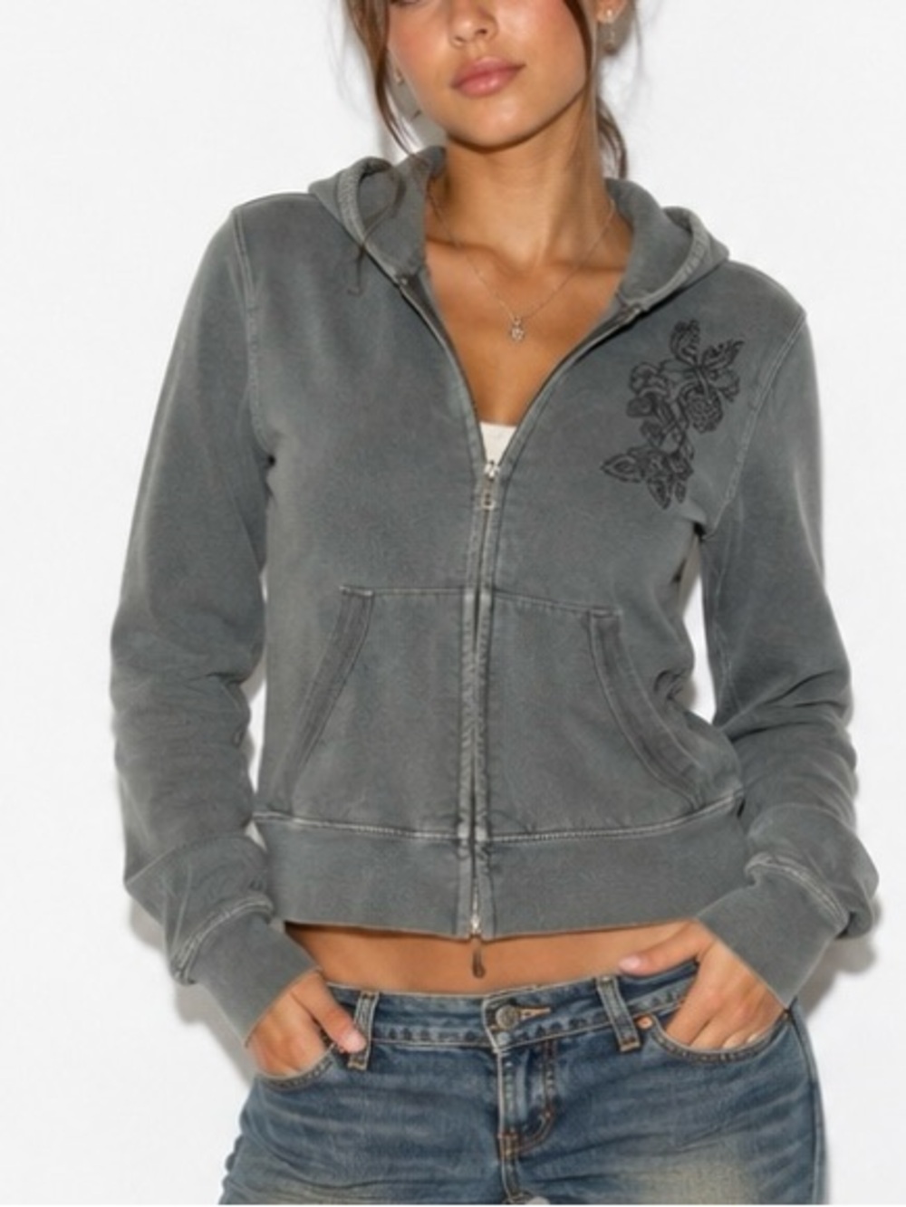 Cheetah Gray Floral Embroidered Zip Up Hoodie Faded Y2K Casual Large